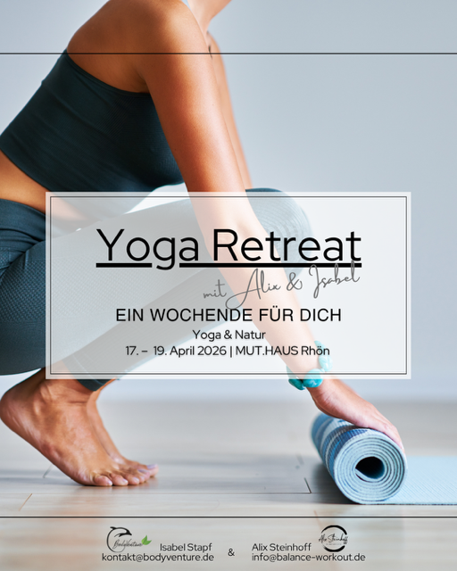 Yoga Retreat mit Isabel Stapf und Alix Steinhoff im MUT.HAUS Rhön – ein Wochenende für dich mit Yoga, Natur und Achtsamkeit vom 17. bis 19. April 2026.