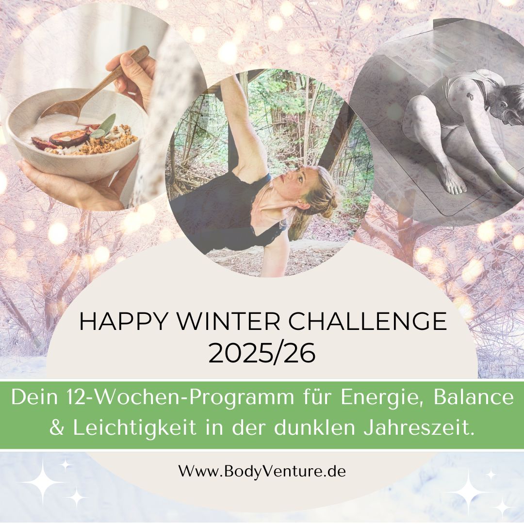 Isabel Stapf zeigt Yoga und gesunde Ernährung als Teil der Happy Winter Challenge 2025/26 von BodyVenture. Ein 12 Wochen Programmfür Energie, Balance Und Leichtigkeit im Winter.